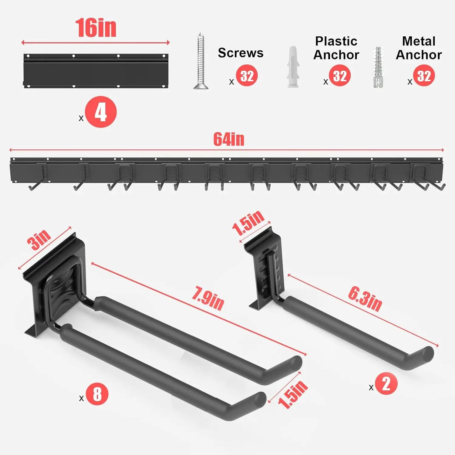 Wall-Mounted Garage Tool Organizer: 64 Inch Heavy-Duty Garden Rack & Wall Storage System - 4 Rails 10 Non-Slip Hooks for Folding Chairs, Ladders & DIY Tools by GreenHaven Gardens
