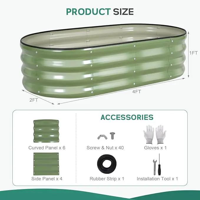 Galvanized Raised Garden Bed - 4×2×1ft (2 Packs) Planter Raised Beds for Gardening | Oval Metal Garden Planter Box with Safety Edging and Gloves for Vegetables Fruits and Flower OliveGreen by GreenHaven Gardens