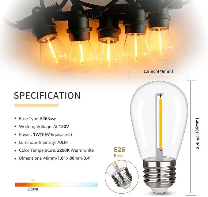 S14 Replacement LED Light Bulbs, Shatterproof & Waterproof 1W S14 LED Bulbs, Outdoor String Lights , E26 Base Patio Edison LED Light Bulbs, Warm White 2200K Plastic 70ML Non-Dimmable 15 Pack by GreenHaven Gardens