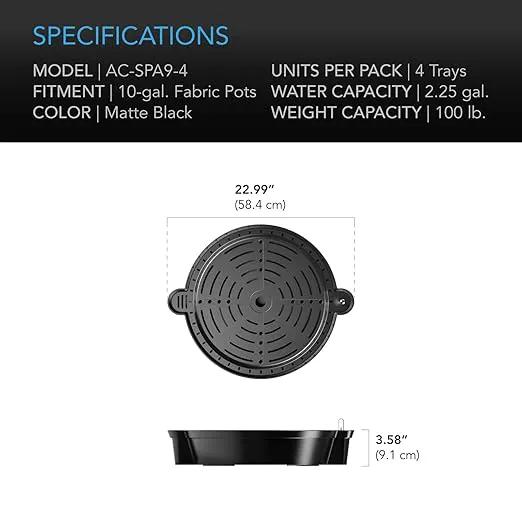AC Infinity Self-Watering Fabric Pot Base XL, 4-Pack Auto-Irrigation Water Delivery System with Reservoir Meter, Extra Large Elevated Plant Saucers for Indoor Grow Tents, Greenhouses, Outdoor Gardens by GreenHaven Gardens