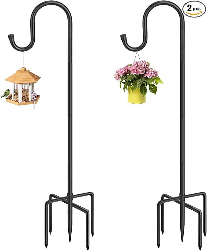 36 Inch Shepherds Hooks for Outdoor, Heavy Duty Bird Feeder Pole with 5 Prong Bases, Garden Hanging Stake for Bird Feeder, Solar Light, Plant Hanger, Wedding Decor, Metal Hanger Hooks, Black, 2 Packs by GreenHaven Gardens