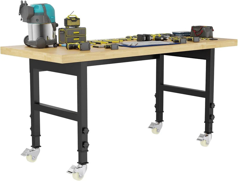 60'' Adjustable Workbench, Solid Wood Work Bench Table with Wheels and Power Outlet, Rolling Workbench Large Load Capacity Garage Workbench for Workshop,Office,Home by GreenHaven Gardens
