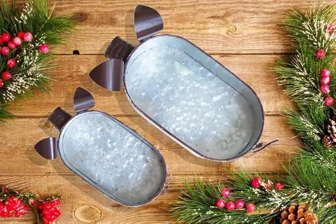 Galvanized Metal White Washed Farmhouse Pig Tray Distressed Pig Tabletop Centerpiece Décor Set of 2 by GreenHaven Gardens