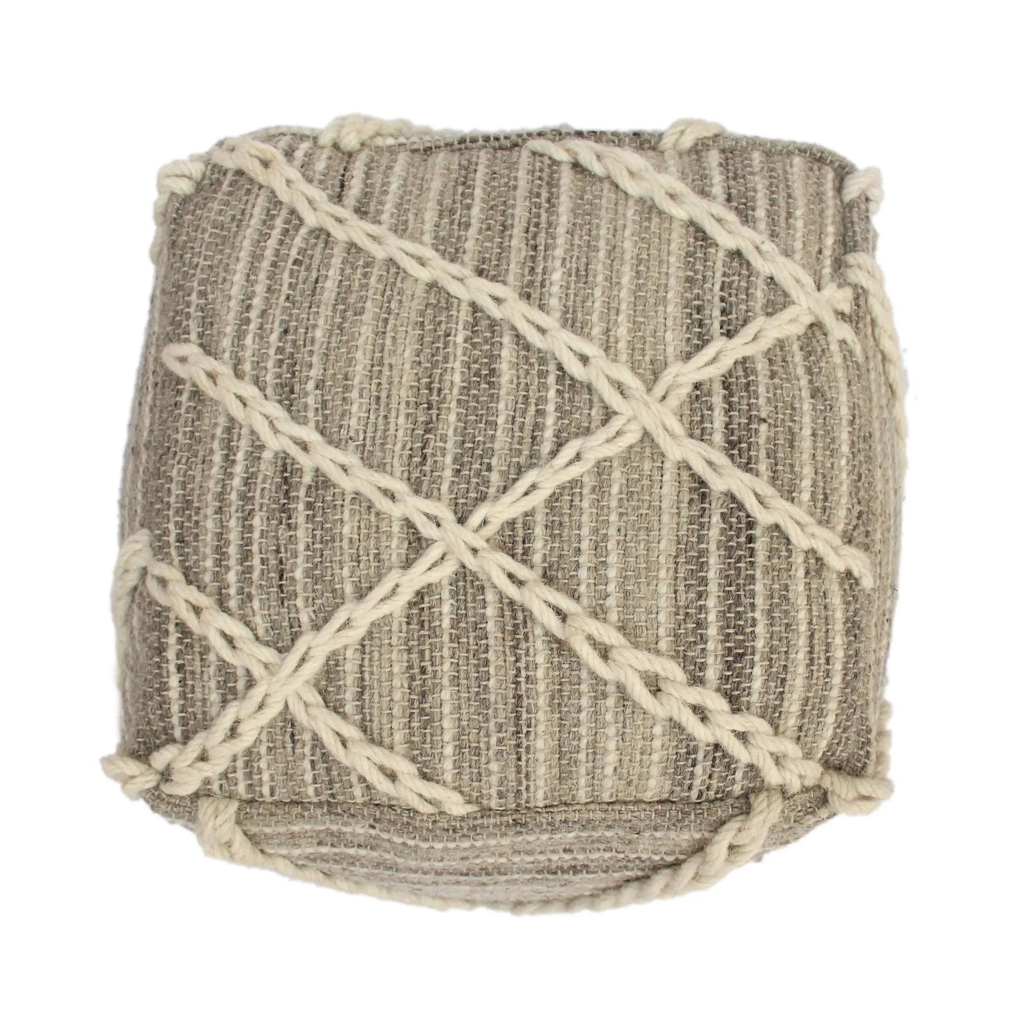Modern Wool Rope Square Pouf Ottoman Floor Cushion - Gray / Ivory by Unique Piece Furniture