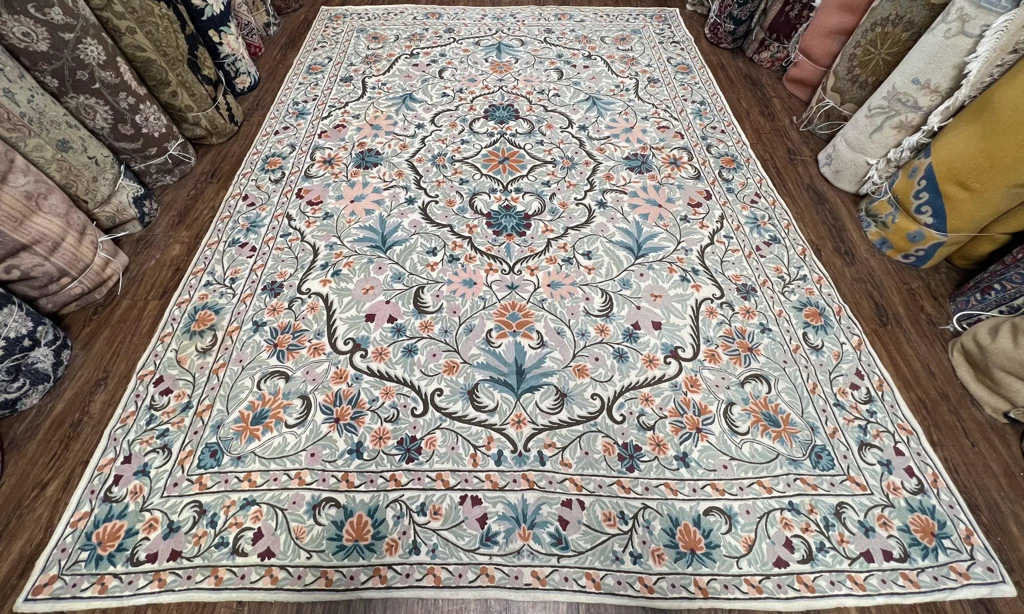 Chain Stitched Rug 9x12 Vintage Carpet 9 x 12 Flatweave Rug, Ivory Teal Rug, Area Rug 9 by 12, Hand Stitched Rug, Medallion, Indian Rug by Jewel Rugs