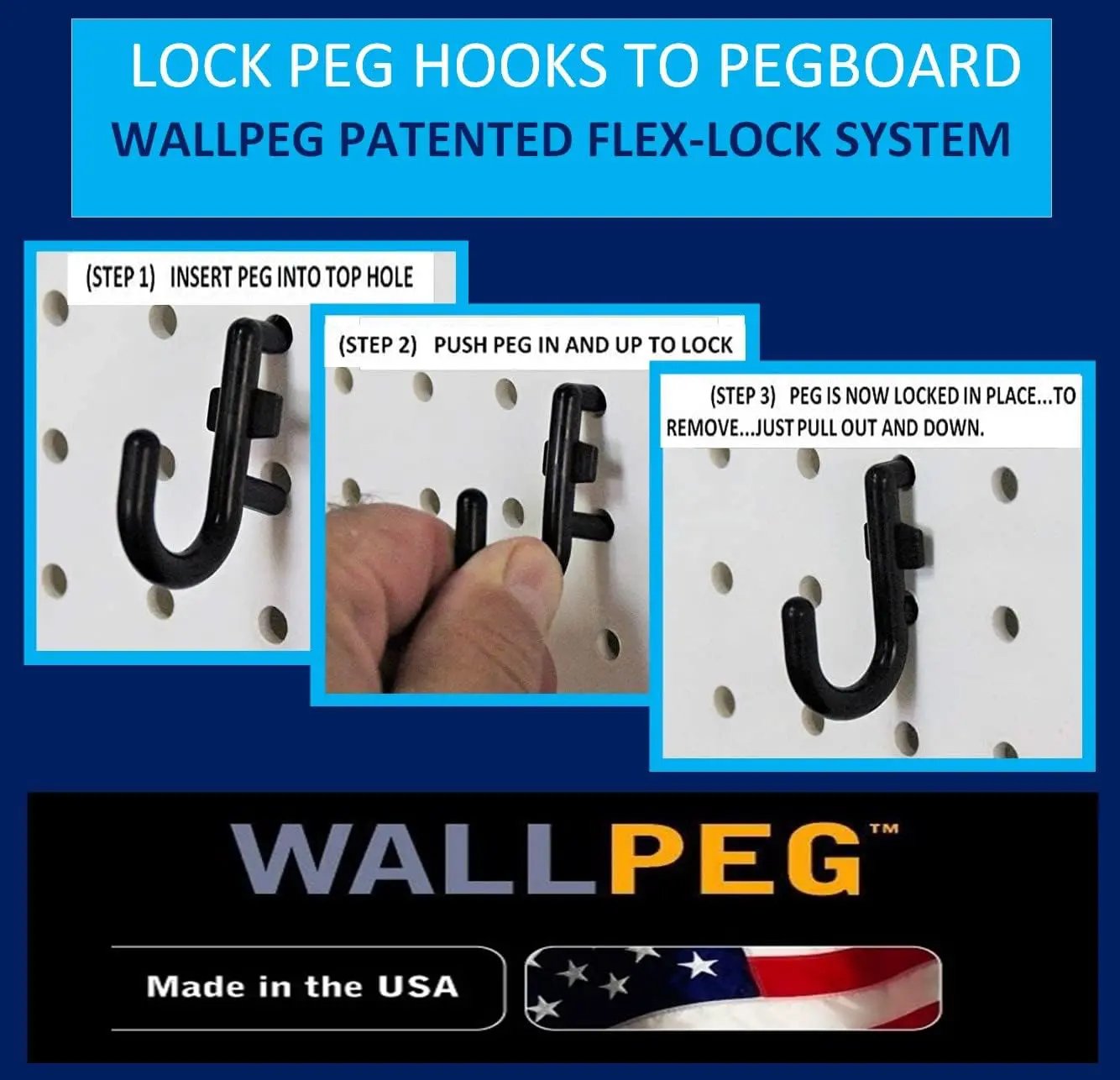WallPeg 2 Black Pegboard Panels (24"x16" Each) with 36 Assorted Peg Hooks – Heavy-Duty Peg Board Garage Organizer Kit – Patented Flex-Lock Hooks – Made in USA Wall Storage System by GreenHaven Gardens