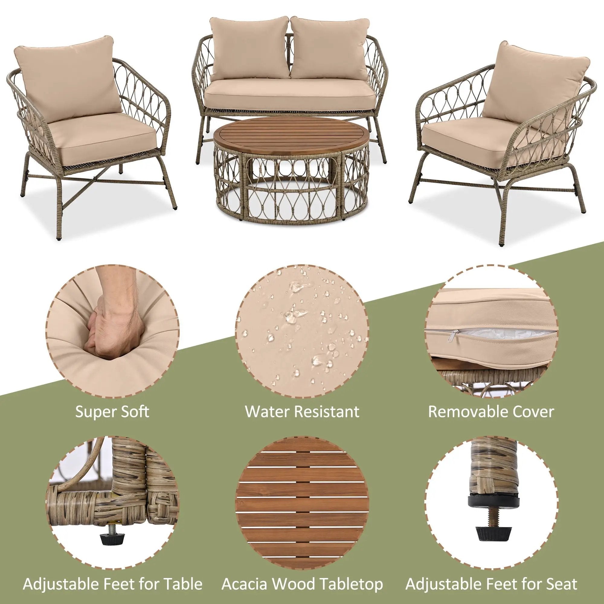 Bohemia-Inspired 4 Person Outdoor Seating Group With Removable Cushions, Conversation Patio Set With Wood Tabletop - Beige by Unique Piece Furniture