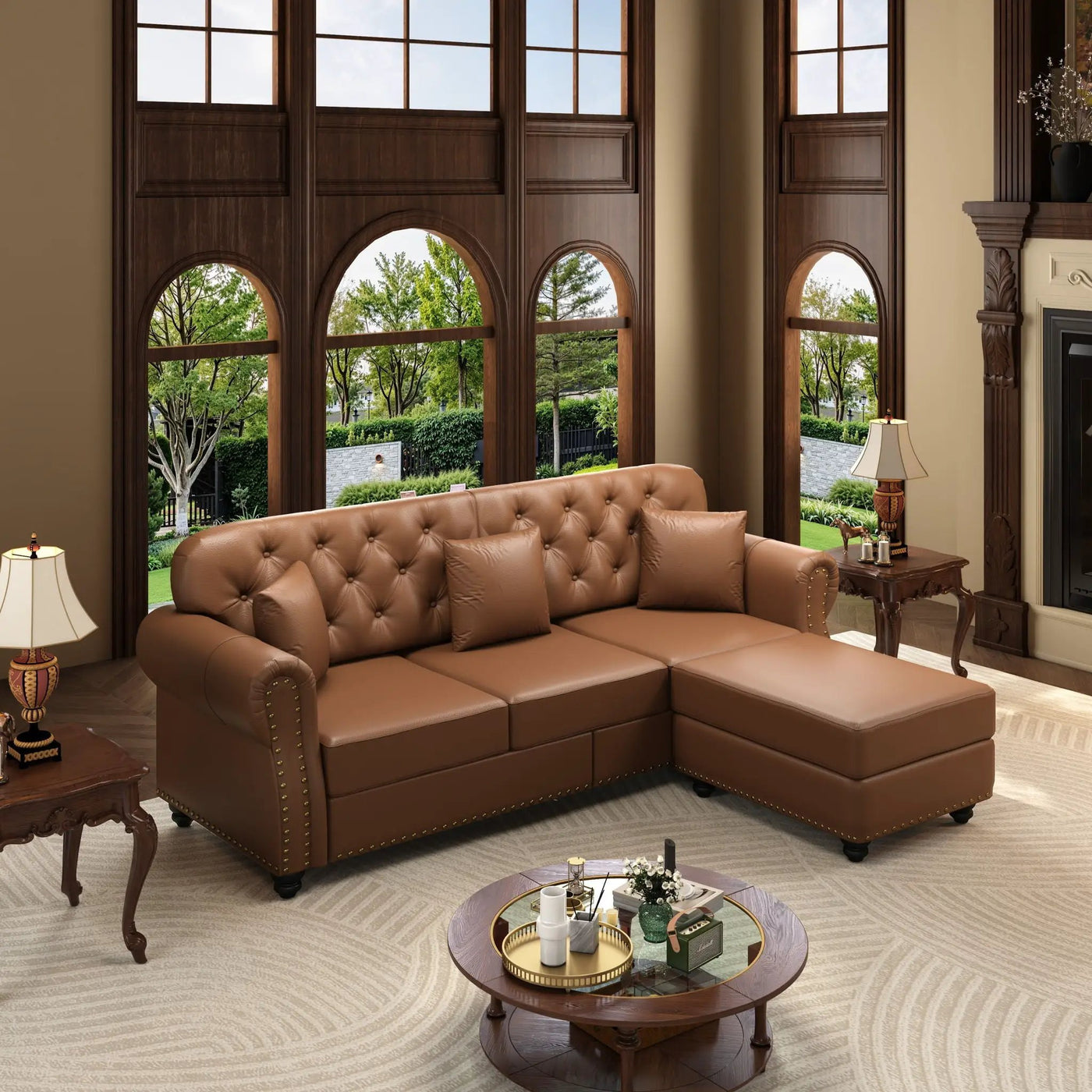 Upholstered Sofa With Nailhead Trim, Rolled Armrests With Ottoman by HouseOfZazla