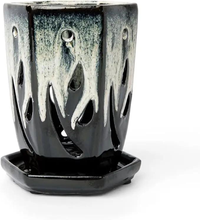 rePotme 4 x 6 inch Ceramic Orchid Pot (Honey Cream Over Coffee) - Hexagon Orchid Pot with Holes by GreenHaven Gardens