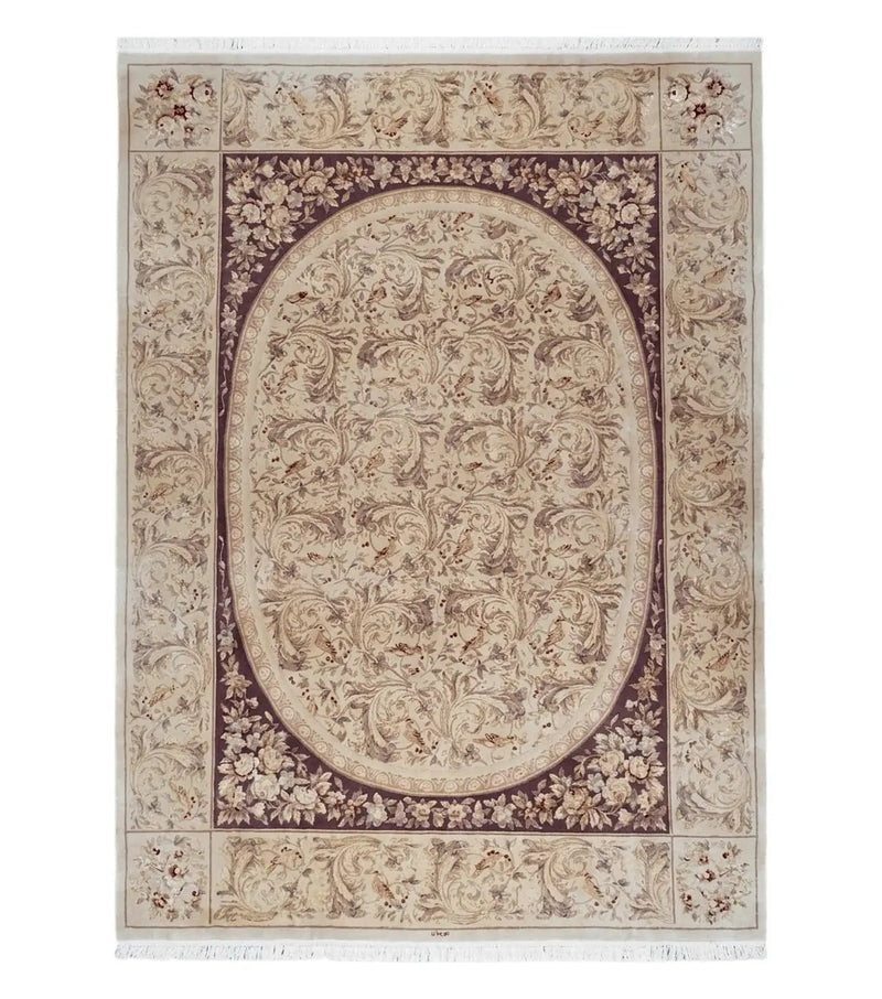 Chinese Aubusson Savonnerie Area Rug 8x12, Vintage 120 Line Carpet, Wool and Silk Hand-Knotted, Birds Flowers Master Weaver Signature by Jewel Rugs
