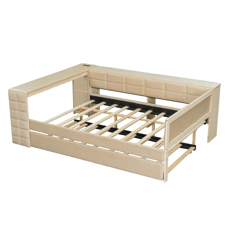 Upholstered Platform Bed With Storage Shelves, Desk, Charging Station And Trundle by Unique Piece Furniture