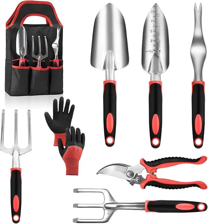Garden Tool Set with Non Slip Rubber Grip,8 Piece Stainless Steel Gardening Tool Sets,Heavy Duty Outdoor Hand Tools Durable Storage Tote Bag,Uprooting Weeding Tool, Gifts for Women Men(Red) by GreenHaven Gardens