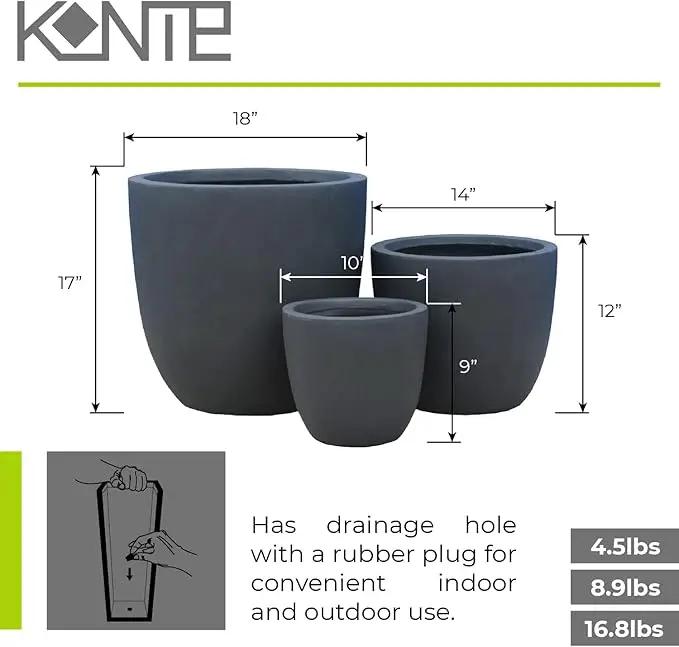 Kante 18",14",10" Dia Concrete Round Planters (Set of 3), Outdoor Indoor Large Planter Pots with Drainage Hole and Rubber Plug for Home Patio Garden, Charcoal by GreenHaven Gardens