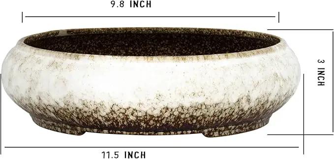 Succulent Pots - 11.5 Inch Ceramic Bonsai Pots with Drainage, Large Shallow Succulent Planters for Indoor Outdoor Plants, Round Glazed Cactus Flower Plant Container Bowl Home Desk Decor(White)