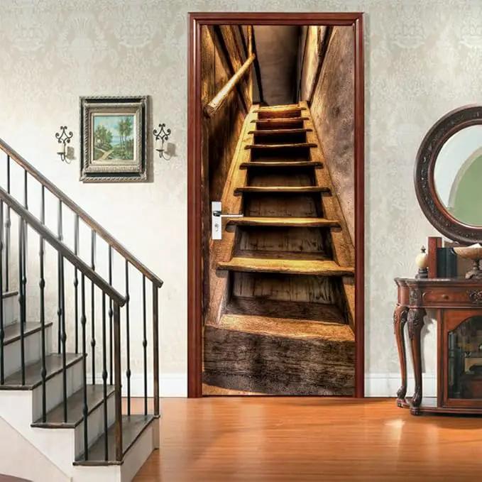 3D Door Wallpaper Self-Adhesive Door Sticker - Wooden Stairs - Door Film Poster Premium PVC Waterproof Wall Sticker for Bedroom Living Room Door Decoration Wallpaper 88 x 200 cm by GreenHaven Gardens
