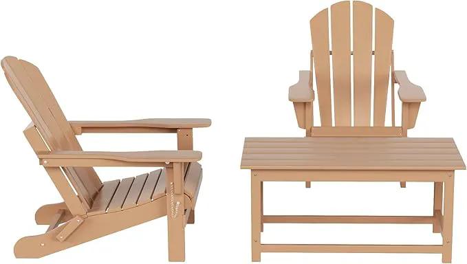 WO Home Furniture Adirondack Chairs Table Set of 3 PCS Outdoor Folding Chairs Coffee Table Weather/UV Resistant for Lawn, Garden, Bon Fire, Balcony (Teak) by GreenHaven Gardens
