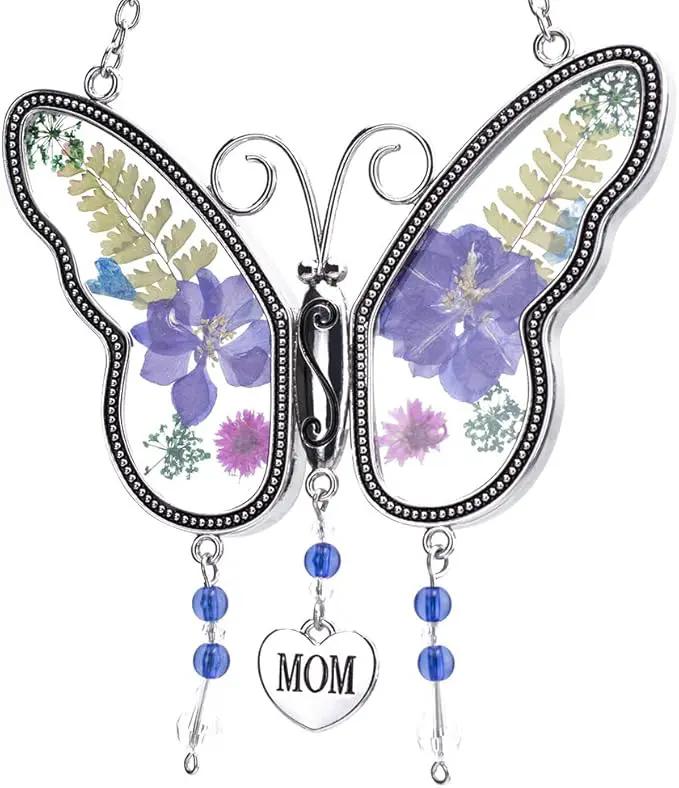 Laraine Butterfly Suncatcher with Pressed Colourful Flower Wings Mom Mother's Day Butterfly Glass Wind Chime Ornament Charm with Metal Heart Gifts for Mom Grandma Birthday (Purple Mom) by GreenHaven Gardens