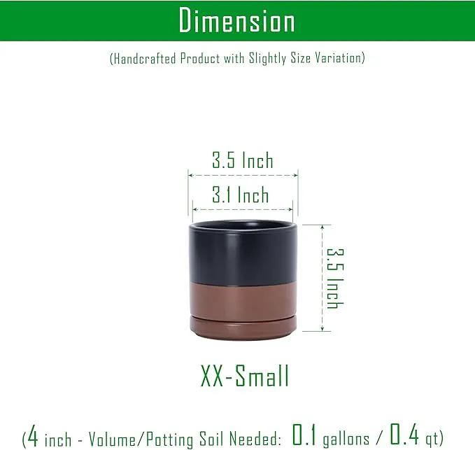 D'vine Dev Set of 2 Plants Pots, 3.5 Inch Ceramic Planter Pot for Plants with Drainage Hole and Saucer, Black/Speckled Tan, 94-V-A-7 by GreenHaven Gardens