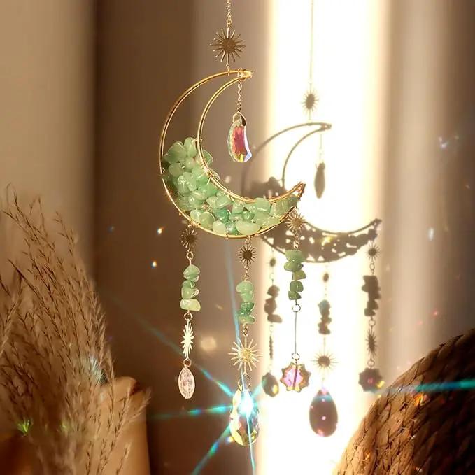 Crystal Suncatcher Hanging Moon Sun Light Catcher with Glass Prisms for Window Natural Green Quartz Decor Home Indoor Making Rainbows by GreenHaven Gardens