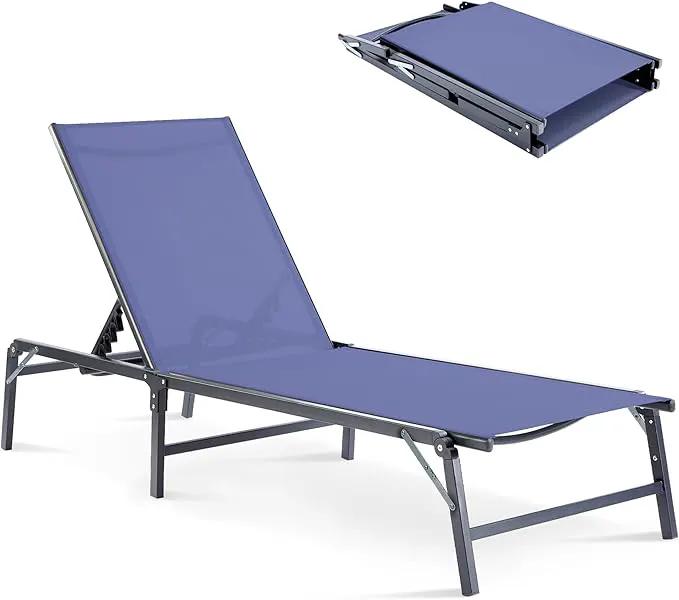Outdoor Chaise Lounge Chair, Foldable & Assemble-Free, 6 Adjustable Positions, Durable Rust-Resistant Frame, Portable Outdoor Pool Lounge Chairs for Pool Patio Beach, Blue by GreenHaven Gardens
