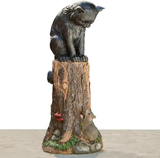 Bits and Pieces - Cat & Mouse Garden Statue- Outdoor Kitten on a Stump Sculpture - 17" Polyresin Home Décor Weather Resistant Lawn Ornament by GreenHaven Gardens
