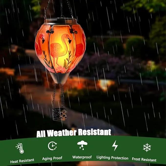 Hot Air Balloon Solar Lantern - Flamingo Bird Stained Glass Lantern with Simulated Flickering Flame, Outdoor Hanging Yard Light Waterproof IP65 & Weather Resistant for Patio Lawn Porch Decor Gfit by GreenHaven Gardens