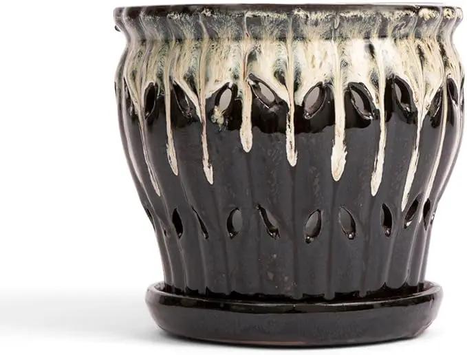 rePotme 6" Pinwheel Fluted Ceramic Plant Pot (Honey Cream Over Coffee) - - Includes Free 6 inch Slotted Pot Liner - Great for Orchids, Succulents, and All Indoor Plants by GreenHaven Gardens