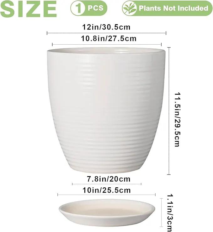 12 Inch Ceramic Planter Pot, Large Planter Pot with Drainage Hole and Saucer Round Flower Pot for Indoor Outdoor Plants, White by GreenHaven Gardens