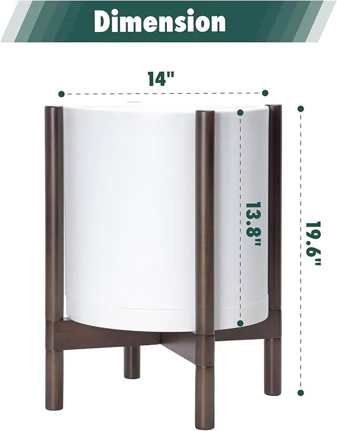 D'vine Dev Planter Pot with Stand - 14 Inch Plastic Cylinder Flower Pot with Wood Planter Holder for Indoor, Matte White Pot + Walnut Color Stand, 55-C-R-1 by GreenHaven Gardens