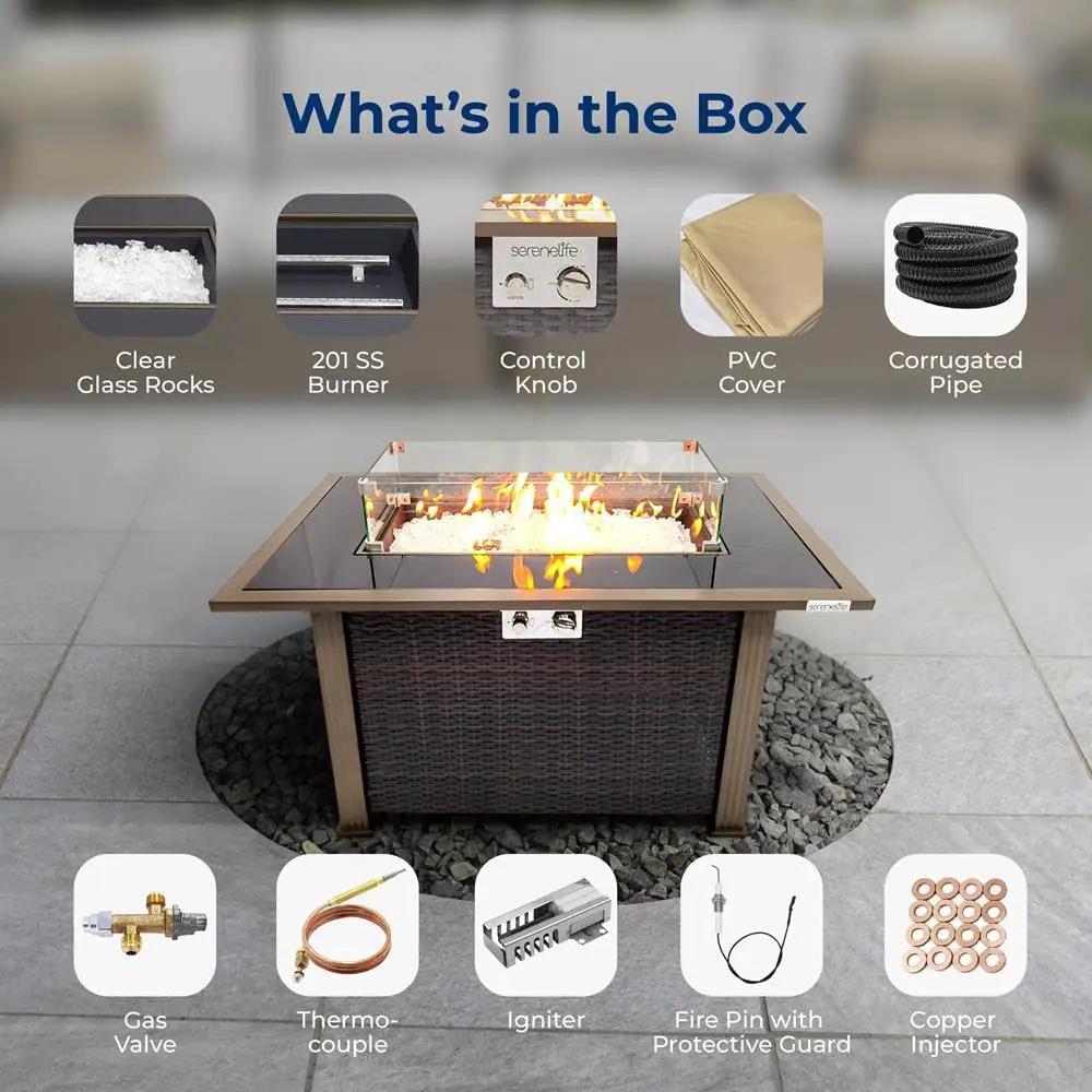 SereneLife 43.5-Inch Outdoor Propane Fire Pit Table – 50,000 BTU, Tempered Glass Wind Guard, Sliding Door, Auto-Ignition, Stainless Steel Burner, Waterproof Cover – Ideal for Patio, Garden & Backyard by GreenHaven Gardens