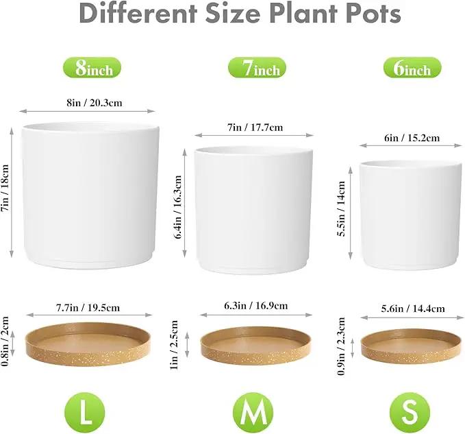 8/7/6 inch Plant Pots, 3 Pack Cylinder Flower Pots for Outdoor Indoor Plants, Decorative Plastic Planters with Drainage Holes and Saucers for Garden House Plants, White with Brown by GreenHaven Gardens