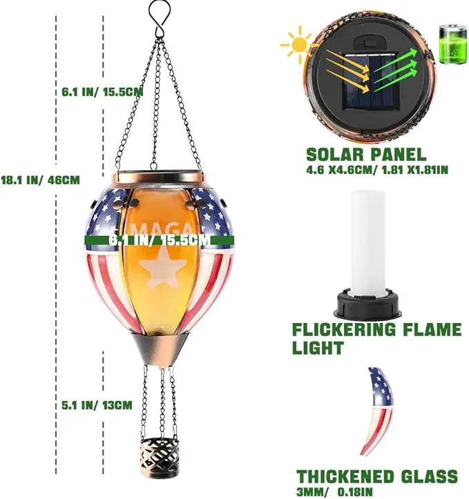 U.S Flag Hot Air Balloon Solar Lantern - MAGA Simulated Flickering Flame Stained Glass Light for Outdoor, Yard Hanging/ Waterproof IP65, Ideal 4th of July Gift for Patriot Veterans Patio Decor by GreenHaven Gardens