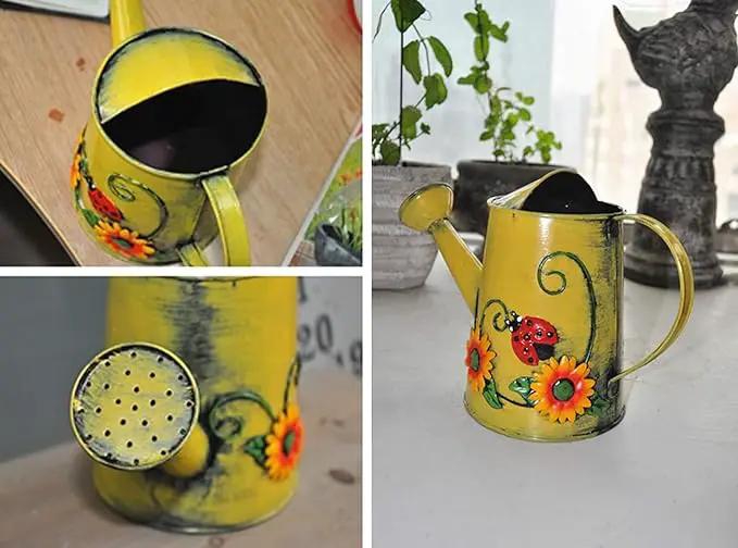 Decorative Sunflower & Ladybug Metal Watering Can (Vol: 4 Cups) | Small Yellow Watering Can | Garden Décor Housewarming Gift for Mother Women Friends Gardeners by GreenHaven Gardens