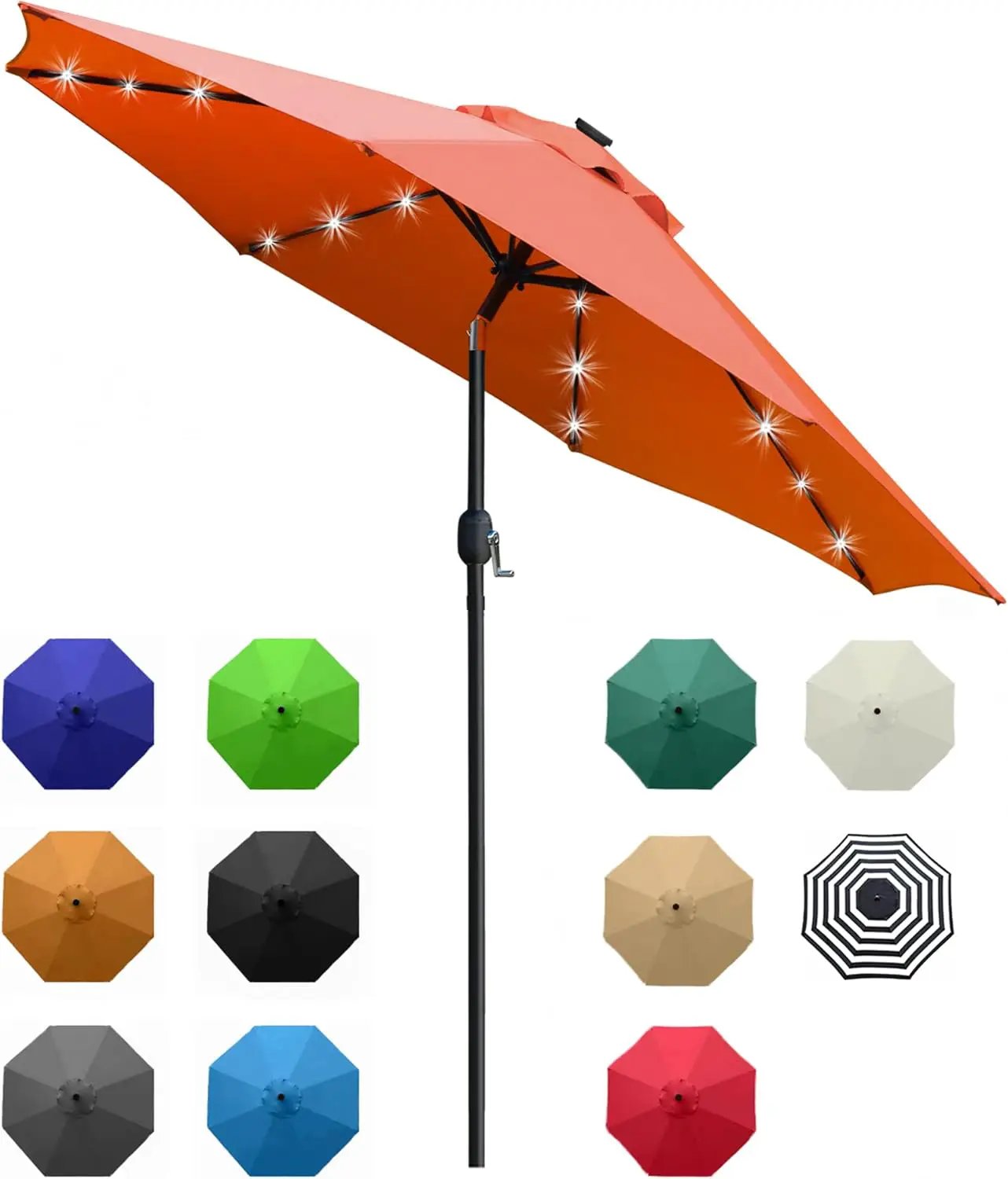 Sunnyglade 9' Solar LED Lighted Patio Umbrella with 8 Ribs/Tilt Adjustment and Crank Lift System (Orange) by GreenHaven Gardens