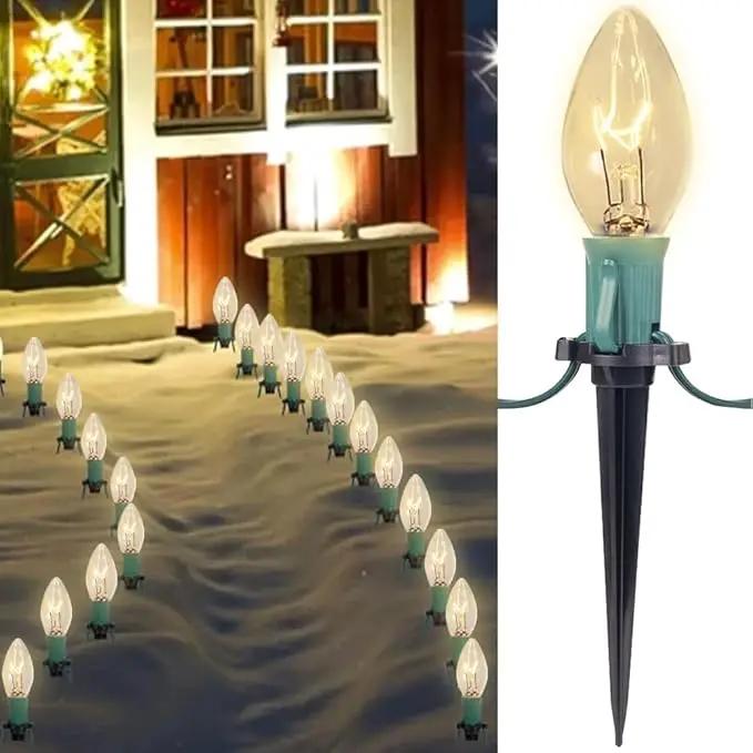 C9 Christmas Pathway Lights, 38FT Clear Christmas Pathway String Lights with 25 Incandescent Bulbs and Stakes for Outdoor Walkway Driveway Backyard Christmas Decorations, Warm White by GreenHaven Gardens