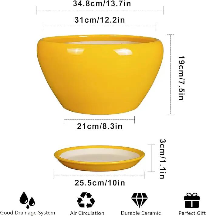 Ceramic Planter for Indoor Plants - 13 Inch Mid-Century Decorative Modern Large Plant Pot with Drainage Hole and Saucer, Home Balcony House Garden Patio Room Office Decor, Yellow by GreenHaven Gardens