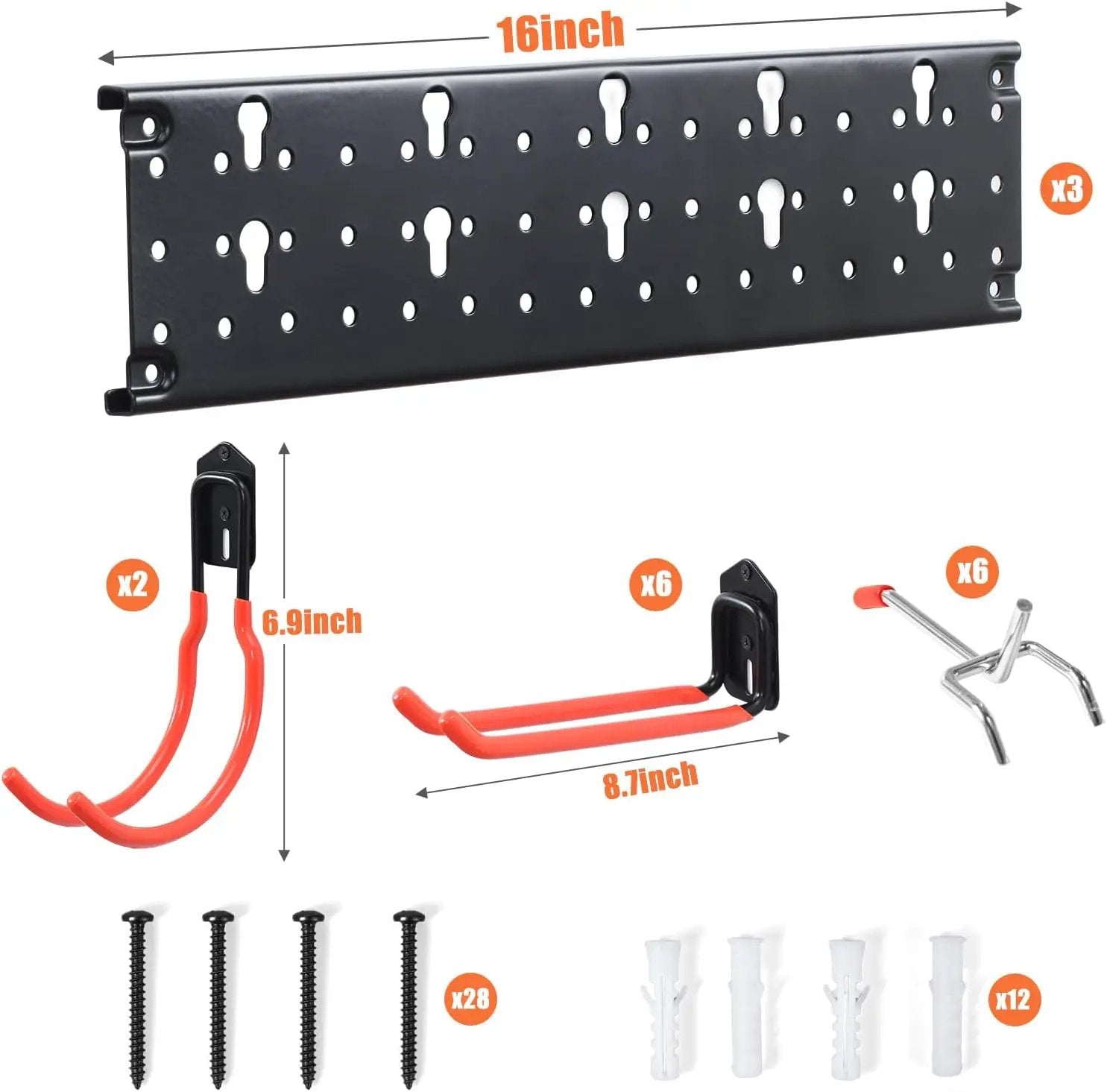 Ultrawall Multi-Storage Garage Hooks, Utility Rack with Multiple Installation Methods, Wall-Mounted Garden Tool Organizer System for Shovels, Rakes, Ladders,17pcs by GreenHaven Gardens
