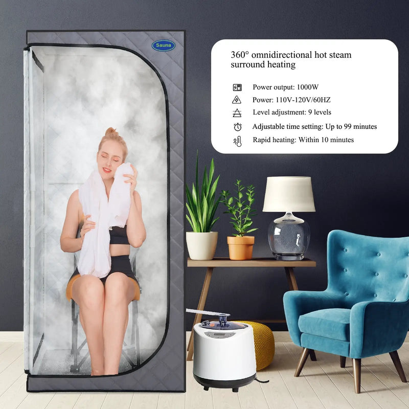 Full Size Portable Grey Steam Sauna tent–Personal Home Spa, with Steam Generator, Remote Control, Foldable Chair, Timer and PVC Pipe Connector Easy to Install.Fast heating, with FCC Certification by HouseOfZazla