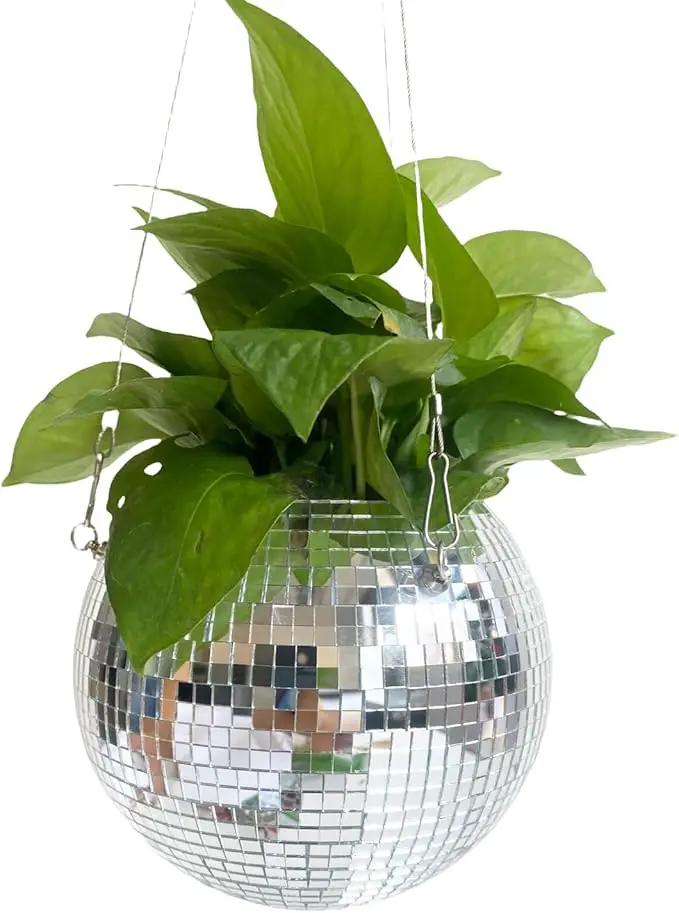 6inch Disco Ball Hanging Plant Pots,Plant Disco Ball Silver Mirror Disco Planter with Chain Hook for Indoor Outdoor Decor and Wooden Stand for Desk,Self Watering Insert Pots, Boho Disco Ball Planter by GreenHaven Gardens