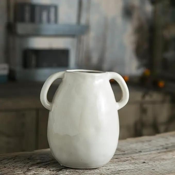 White Ceramic Vase with 2 Handles, Modern Farmhouse Decor, Rustic Terracotta Pottery, Decorative Flower Vases, Clay Small Vase, Centerpiece for Dining Table - 7 Inch Tall by GreenHaven Gardens