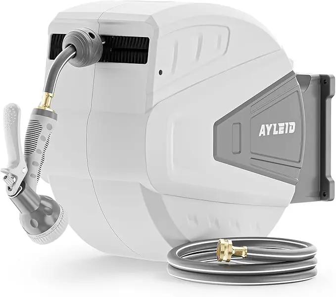 Ayleid Retractable Garden Hose Reel,5/8 in x 100 FT Wall Mounted Hose Reel, with 9- Function Sprayer Nozzle, Any Length Lock/Slow Return System/Wall Mounted/180°Swivel Bracket (Grey) by GreenHaven Gardens