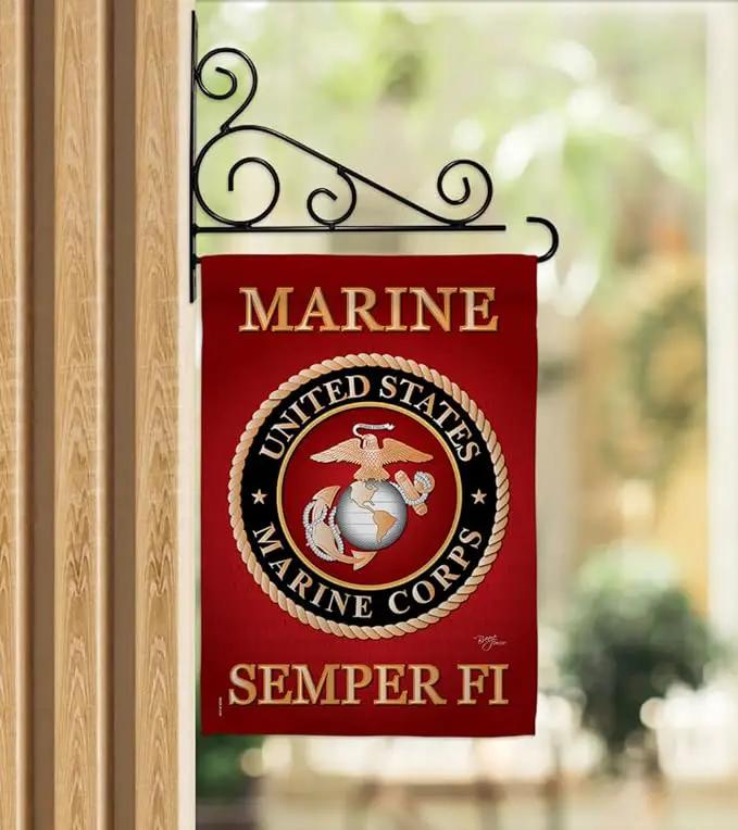 Marine Corps Garden Flag - Set Wall Holder Armed Forces USMC Semper Fi United State American Military Veteran Retire Official - House Banner Small Yard Gift Double-Sided Made In USA 13 X 18.5 by GreenHaven Gardens