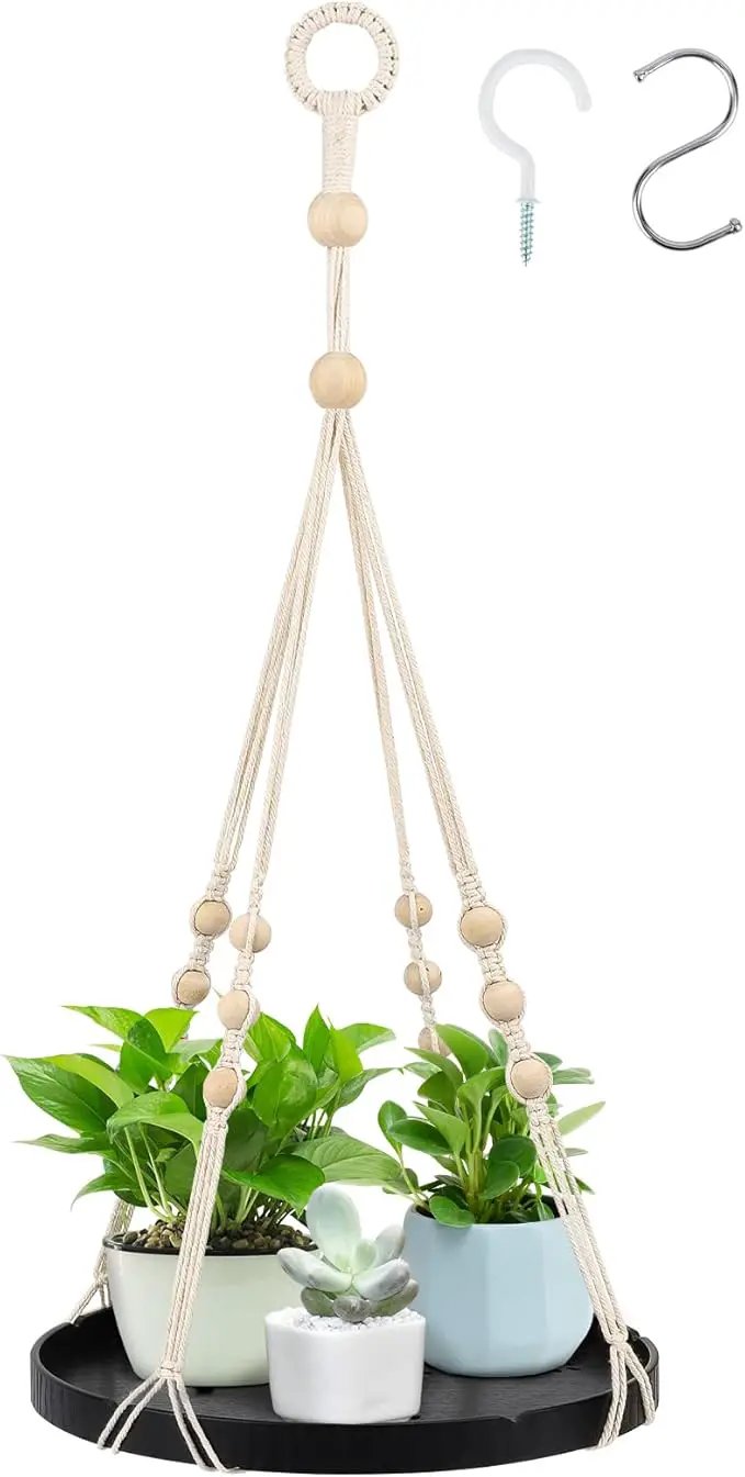 SUREAM Indoor Hanging Planter Shelf, Black Macrame Plant Hanger, Handmade Cotton Plant Hangers with Wood Tray, Planter Flower Pots Holder for Window Wall Ceiling Home Porch Patio Decor by GreenHaven Gardens