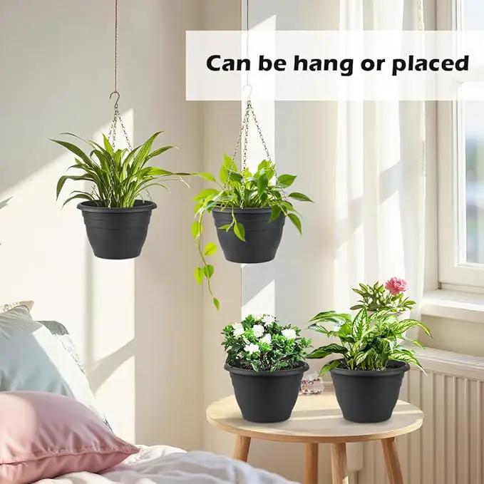 Hanging Planters 10 Inch, 4 Pcs Flower Pots with Drainage Hole, Self Watering Hanging Basket for Indoor Outdoor Plants, Decor, Gray by GreenHaven Gardens