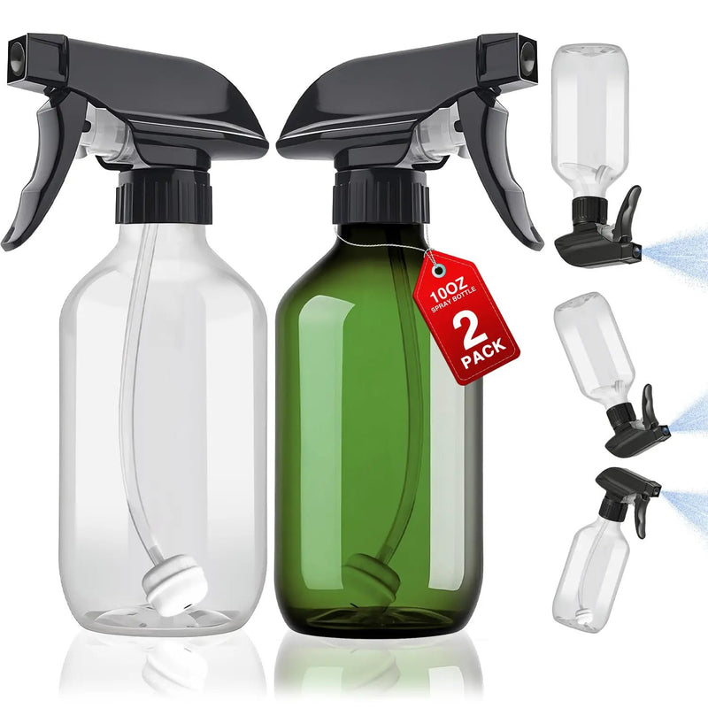 2 Packs Plastic Spray Bottles 360° Water Spray Bottle for Cleaning - 10 oz/300 ml Upside Down Spray Bottle Small Squirt Bottle with Adjustable Nozzle for Hair, Cooking, Plant, Pet (Clear + Green) by GreenHaven Gardens