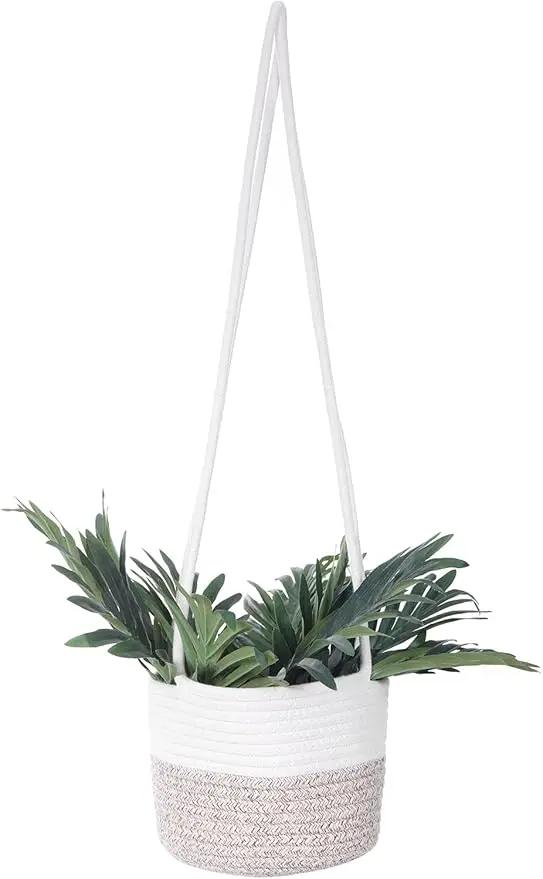Hanging Planter Basket Jute Rope Woven Plant Hangers Indoor Hanging Plant Holder Up to 7" Pot Macrame Modern Storage Organizer Home Decor (White & Brown) by GreenHaven Gardens