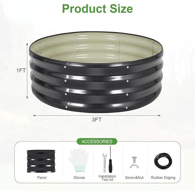Galvanized Raised Garden Bed- 2Pcs 3x3x1FT Metal Planter Boxes Outdoor | Round Steel Raised Bed Kit & Fire Pit Ring for Gardening with Protective Tape, Gloves for Vegetables, Flower (Grey) by GreenHaven Gardens