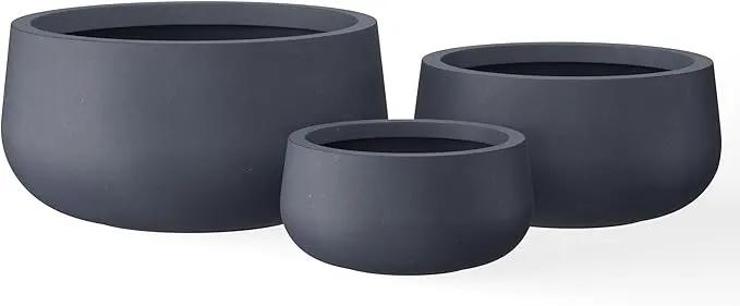 Kante 19.6",15.7",11.8" Dia Round Concrete Planters Set of 3, Outdoor Indoor Garden Plant Pots with Drainage Hole and Rubber Plug, Modern Curvaceous Design, Charcoal by GreenHaven Gardens