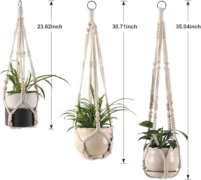 3-Pack Macrame Plant Hanger Indoor - Hanging Planter Basket for Indoor Outdoor - Decorative Boho Plant Holders Set with Beads - Ceiling Flower Pot Holder with 6 Hooks - 35"/30"/24" White by GreenHaven Gardens