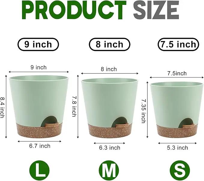 Indoor Self Watering Planters with Drainage Holes and Saucers, 9,8, 7.5 Inches, Green, 3 Pots (Springgreen) by GreenHaven Gardens